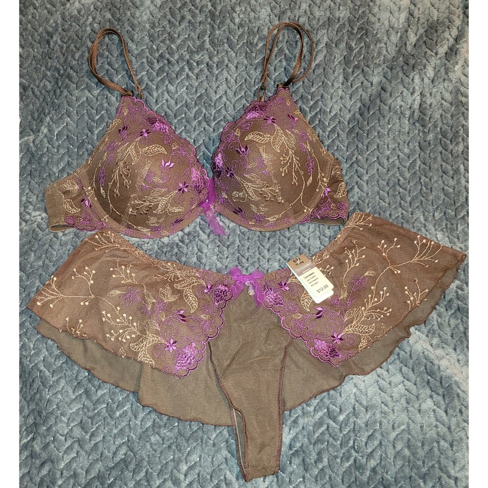 Ambrielle 36B Bra & Thong 6 Set Lingerie Brown Purple Floral Embroidery NEW!